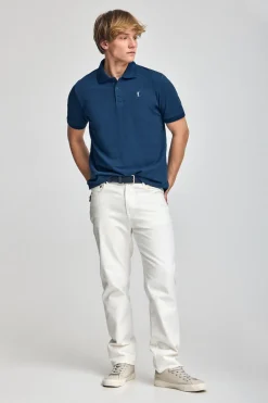 Polo azul índigo de manga corta y tres botones con logo bordado Rigby Go