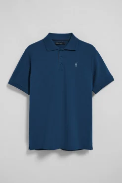Polo azul índigo de manga corta y tres botones con logo bordado Rigby Go