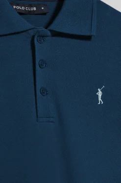 Polo azul índigo de manga corta y tres botones con logo bordado Rigby Go