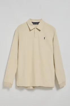 Polo de manga larga beige con dos botones y logo Rigby Go