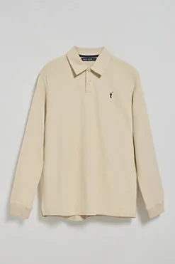Polo de manga larga beige con dos botones y logo Rigby Go