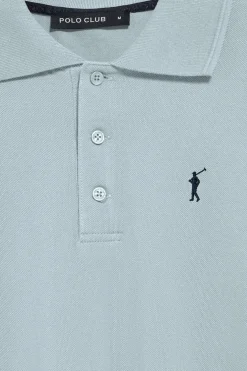 Polo de manga larga de tres botones en azul claro con logo Rigby Go