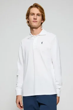 Polo de manga larga de tres botones en blanco con logo Rigby Go