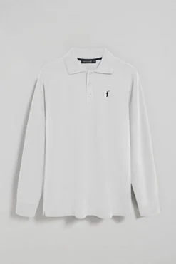 Polo de manga larga de tres botones en blanco con logo Rigby Go