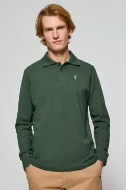 Polo de manga larga de tres botones en verde con logo Rigby Go
