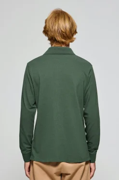 Polo de manga larga de tres botones en verde con logo Rigby Go