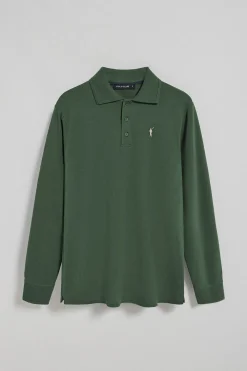 Polo de manga larga de tres botones en verde con logo Rigby Go