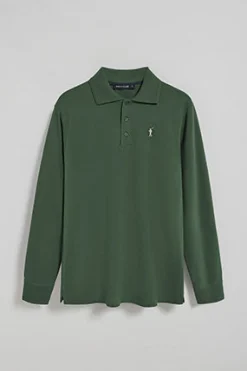 Polo de manga larga de tres botones en verde con logo Rigby Go