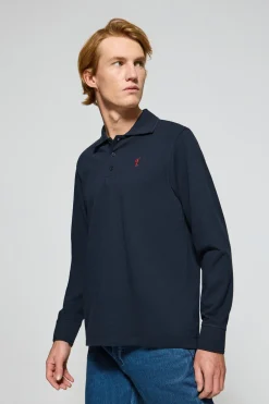 Polo de manga larga de tres botones en azul marino con logo Rigby Go