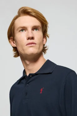 Polo de manga larga de tres botones en azul marino con logo Rigby Go