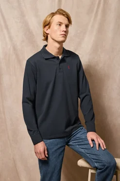 Polo de manga larga de tres botones en azul marino con logo Rigby Go