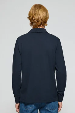 Polo de manga larga de tres botones en azul marino con logo Rigby Go
