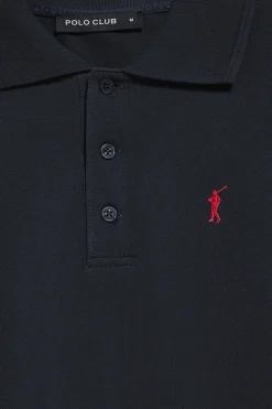 Polo de manga larga de tres botones en azul marino con logo Rigby Go