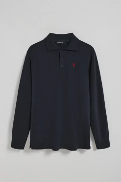 Polo de manga larga de tres botones en azul marino con logo Rigby Go