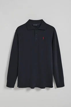 Polo de manga larga de tres botones en azul marino con logo Rigby Go