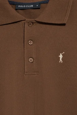 Polo de manga larga de tres botones en marrón con logo Rigby Go