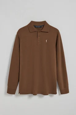 Polo de manga larga de tres botones en marrón con logo Rigby Go