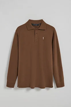 Polo de manga larga de tres botones en marrón con logo Rigby Go