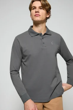 Polo de manga larga de tres botones en gris asfalto con logo Rigby Go