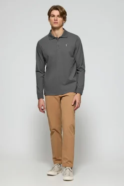 Polo de manga larga de tres botones en gris asfalto con logo Rigby Go