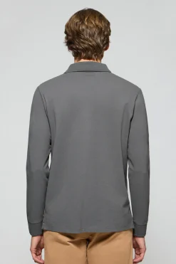 Polo de manga larga de tres botones en gris asfalto con logo Rigby Go