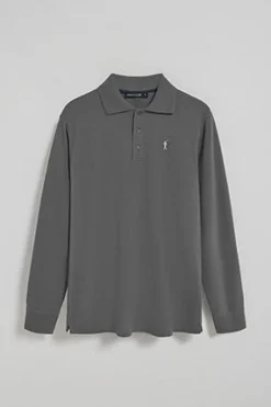 Polo de manga larga de tres botones en gris asfalto con logo Rigby Go