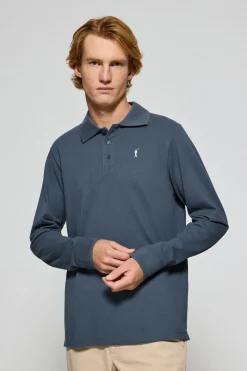 Polo de manga larga de tres botones en azul denim con logo Rigby Go