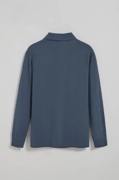 Polo de manga larga de tres botones en azul denim con logo Rigby Go
