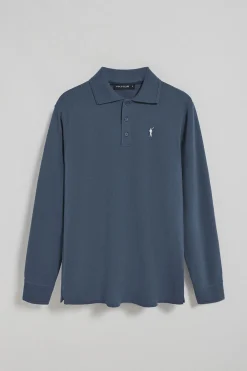 Polo de manga larga de tres botones en azul denim con logo Rigby Go