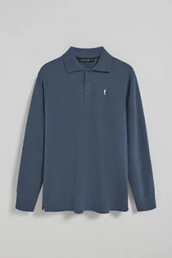 Polo de manga larga de tres botones en azul denim con logo Rigby Go