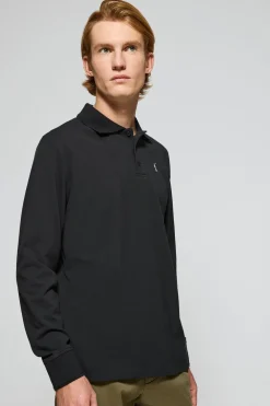 Polo de manga larga de tres botones en negro con logo Rigby Go