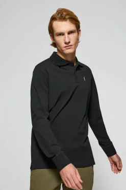 Polo de manga larga de tres botones en negro con logo Rigby Go