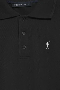 Polo de manga larga de tres botones en negro con logo Rigby Go