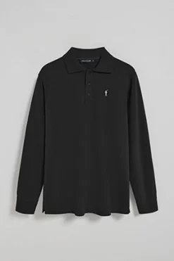 Polo de manga larga de tres botones en negro con logo Rigby Go