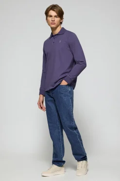 Polo de manga larga de tres botones en azul océano con logo Rigby Go