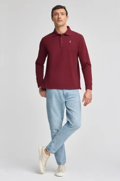 Polo granate de manga larga de tres botones y bordado Rigby Go