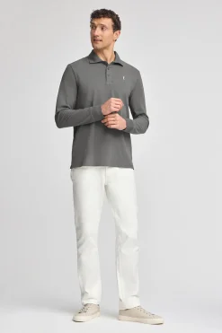 Polo gris asfalto de manga larga de tres botones y bordado Rigby Go