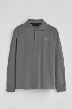 Polo gris asfalto de manga larga de tres botones y bordado Rigby Go