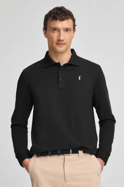 Polo negro de manga larga de tres botones y bordado Rigby Go