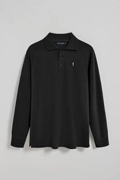 Polo negro de manga larga de tres botones y bordado Rigby Go
