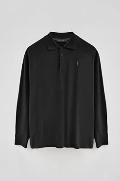 Polo negro de piqué de manga larga y bordado Rigby Best