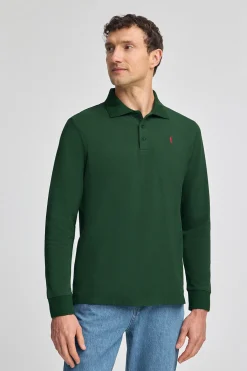 Polo verde botella de manga larga de tres botones y bordado Rigby Go