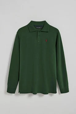 Polo verde botella de manga larga de tres botones y bordado Rigby Go