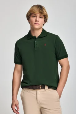 Polo verde botella de manga corta y tres botones con logo bordado Rigby Go