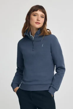 Sudadera azul denim con media cremallera y logo Rigby Go