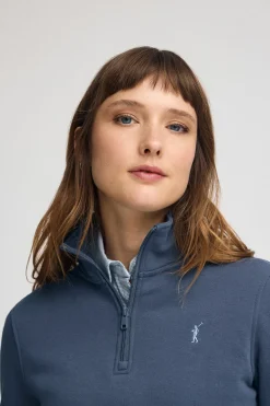 Sudadera azul denim con media cremallera y logo Rigby Go