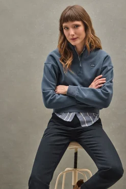 Sudadera azul denim de cuello alto y media cremallera con logo Polo Club