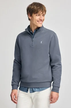 Sudadera azul denim de media cremallera y bordado Rigby Go