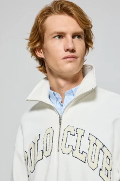 Sudadera beige Seldon con media cremallera y gráfico Polo Club