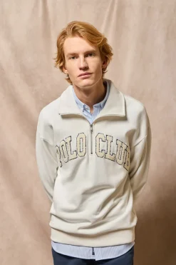 Sudadera beige Seldon con media cremallera y gráfico Polo Club
